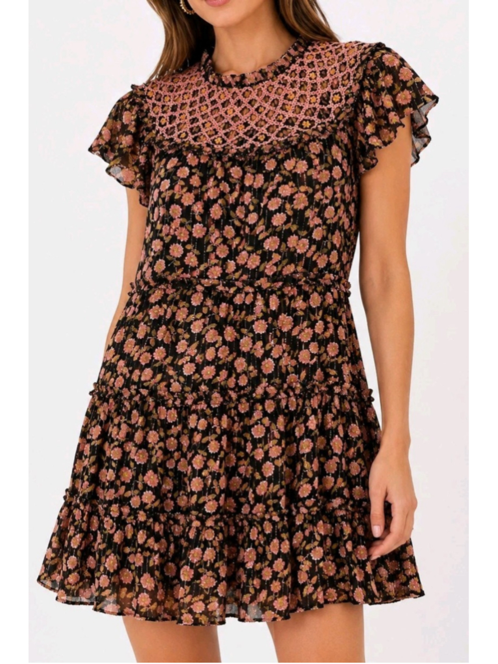 Saylor Floral Tiered Priti Short Sleeve Mini Dress Womens Size XS New Black Pink